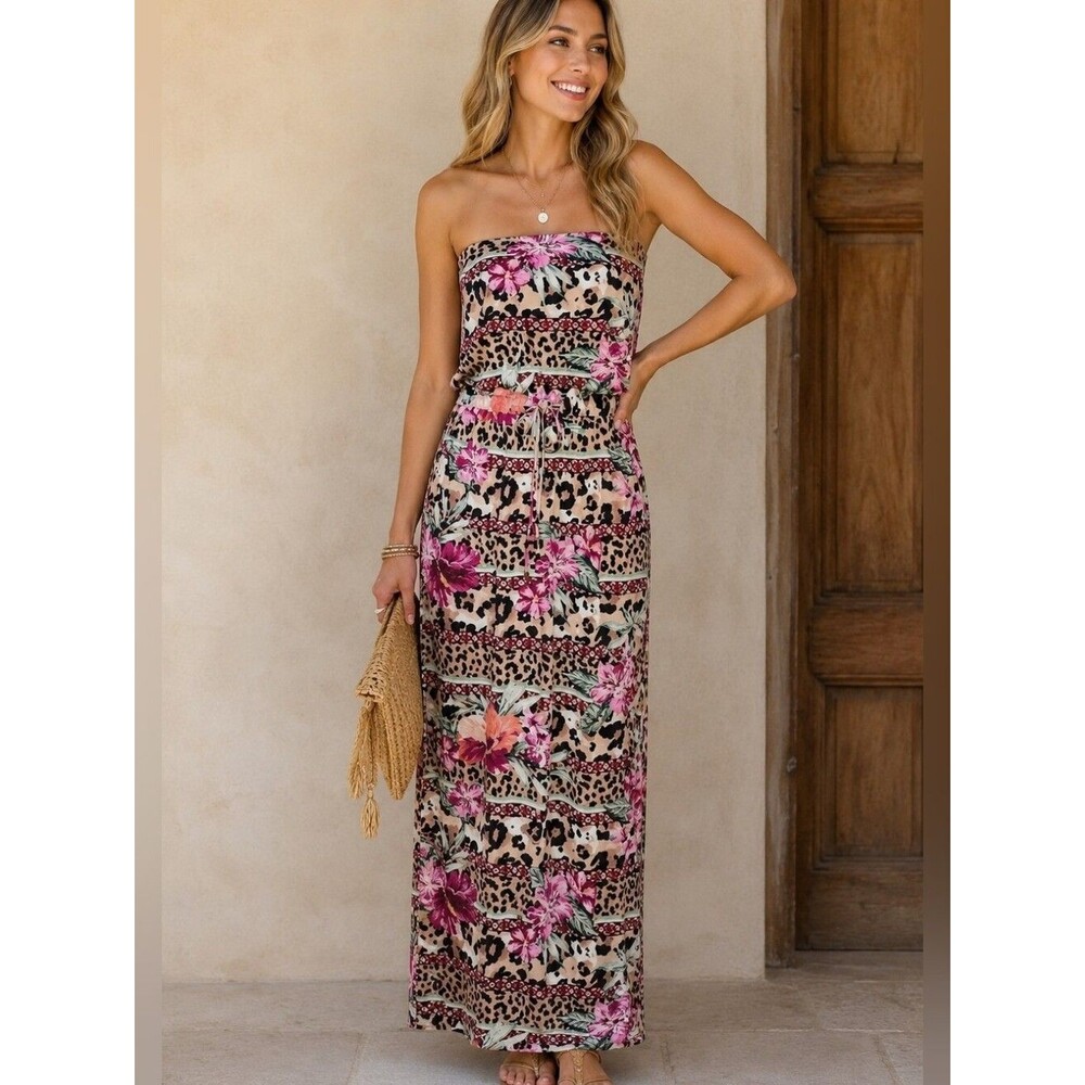 Lascana Venus NWT Tropical & Animal Print Strapless Maxi Dress, XS